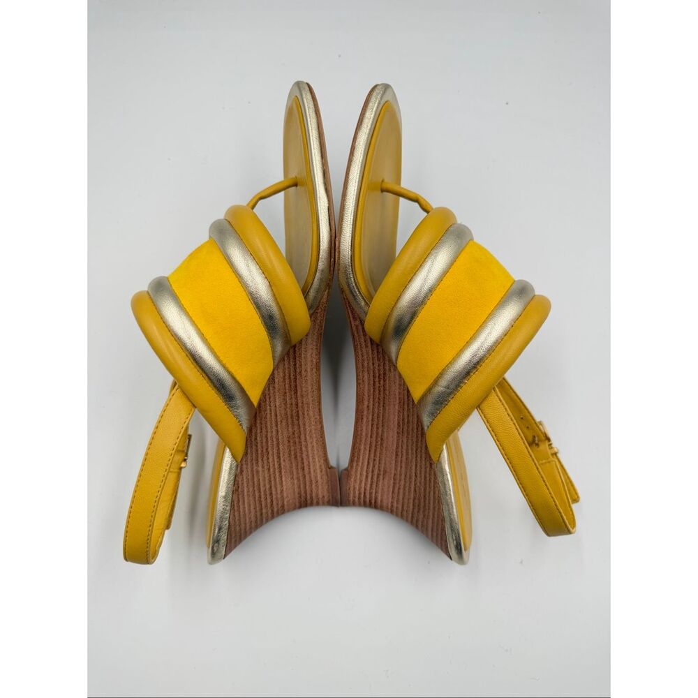 Tory Burch Yellow Metallic Puffy Leather Wedge Sandal Slingback Open Toe Size 9M - Picture 8 of 12